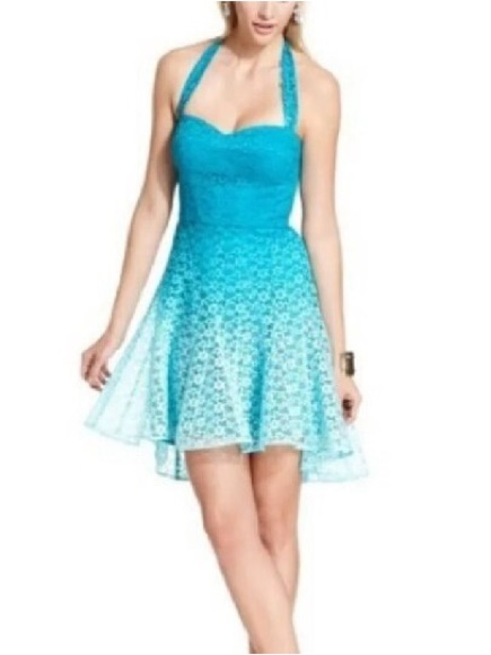 Betsey Johnson Teal Blue Ombre Lace Halter Dress High-Low Hem Y2K Style Retro